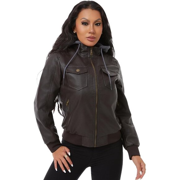 Women Coffee Faux Leather Waterproof Motorcycle Bomber Biker Jacket - Picture 5 of 8